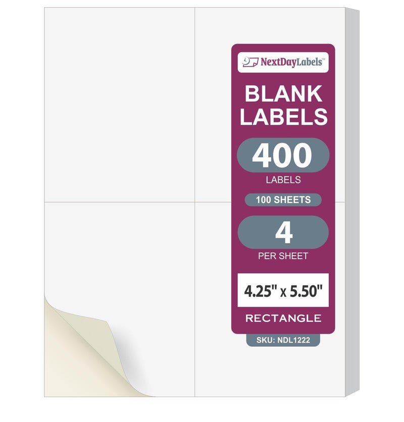NextDayLabels â€“ 4-1/4" x 5-1/2" Rectangular Sticker Labels for Printer - White Laser/Inkjet Printer Labels Return Address Labels Shipping Label Stickers (100 Sheets, 4 Per Sheet, 400 Labels) - Image 1